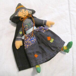 Hallmark Small Vintage Witch Doll Made of Cloth with Cape and Ribbon Accents
